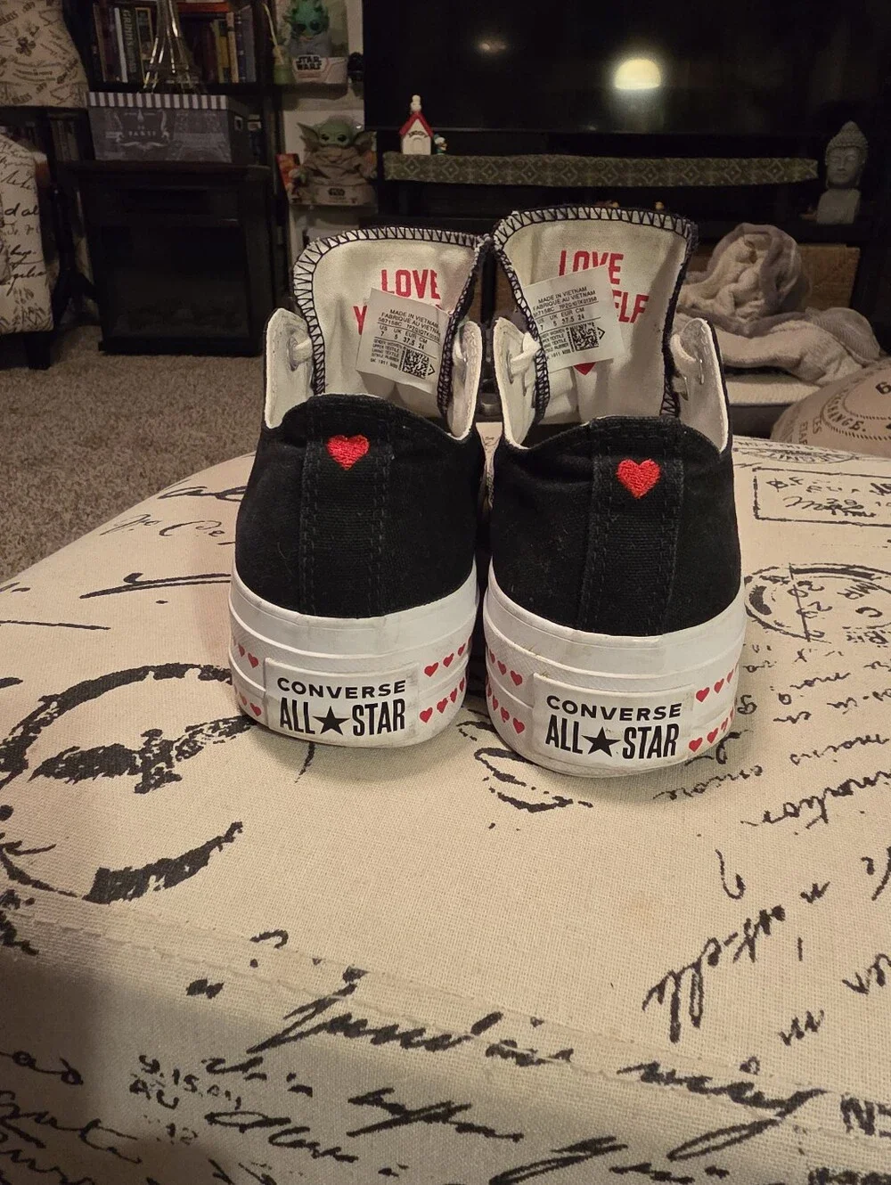 Women's Black Low-Top Platform Sneakers with Heart Stripe